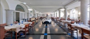 mosaico hidráulico monocromático cinzento, preto e azul aplicado no pavimento do restaurante na pousada da Serra de Estrela num projecto de arquitectura do Souto Moura Arquitectos